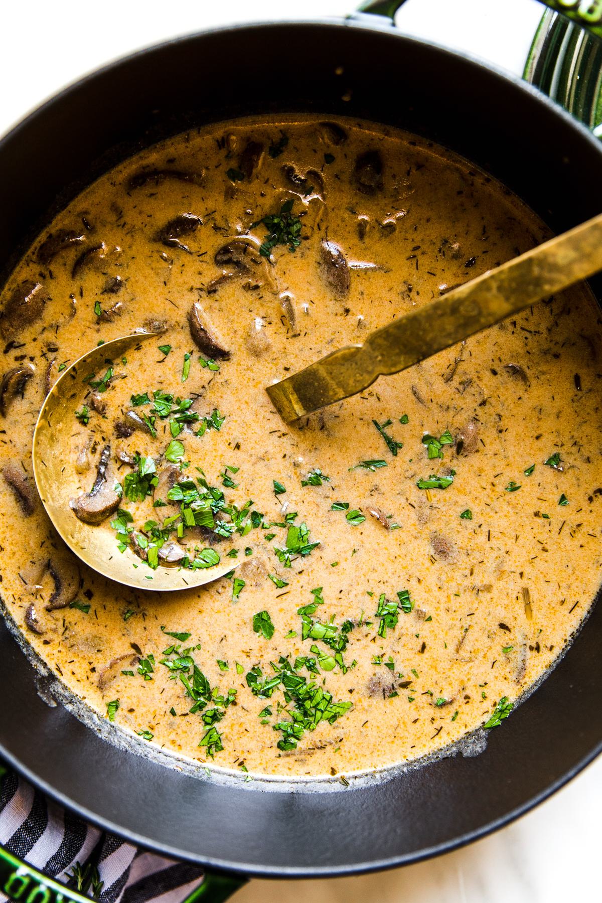 Hungarian Mushroom Soup in a large soup pot with a ladle.